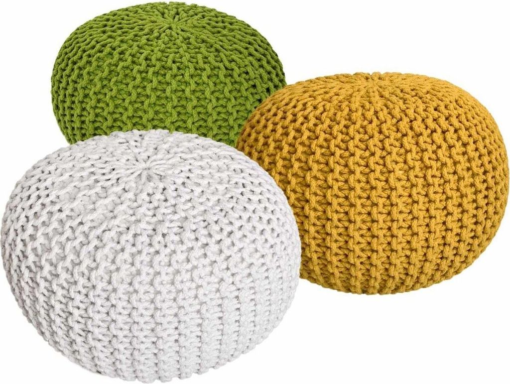 Pouf Set 3 Stück Ø 55 cm Bodenkissen Strickhocker Sitzhocker Sitzkissen Hocker nachhaltig Grobstrick neon & gelb & weiß
