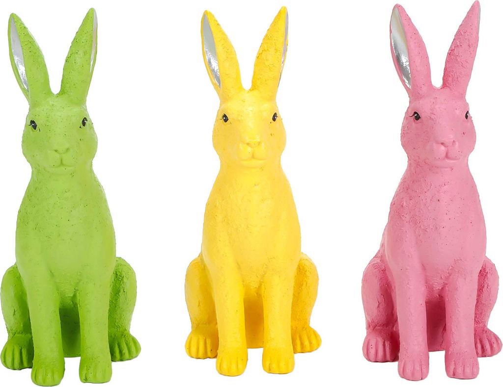 Deko-Hasen 3er Set bunte Hasen, sitzende Osterfiguren aus Polyresin, Höhe ca. 24 cm, grün, gelb und pink, Osterdekoration - Dekofigur