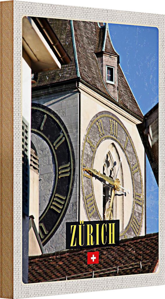 Holzschild Reise 20x30cm Zürich Kirchenuhr Gold Architektur