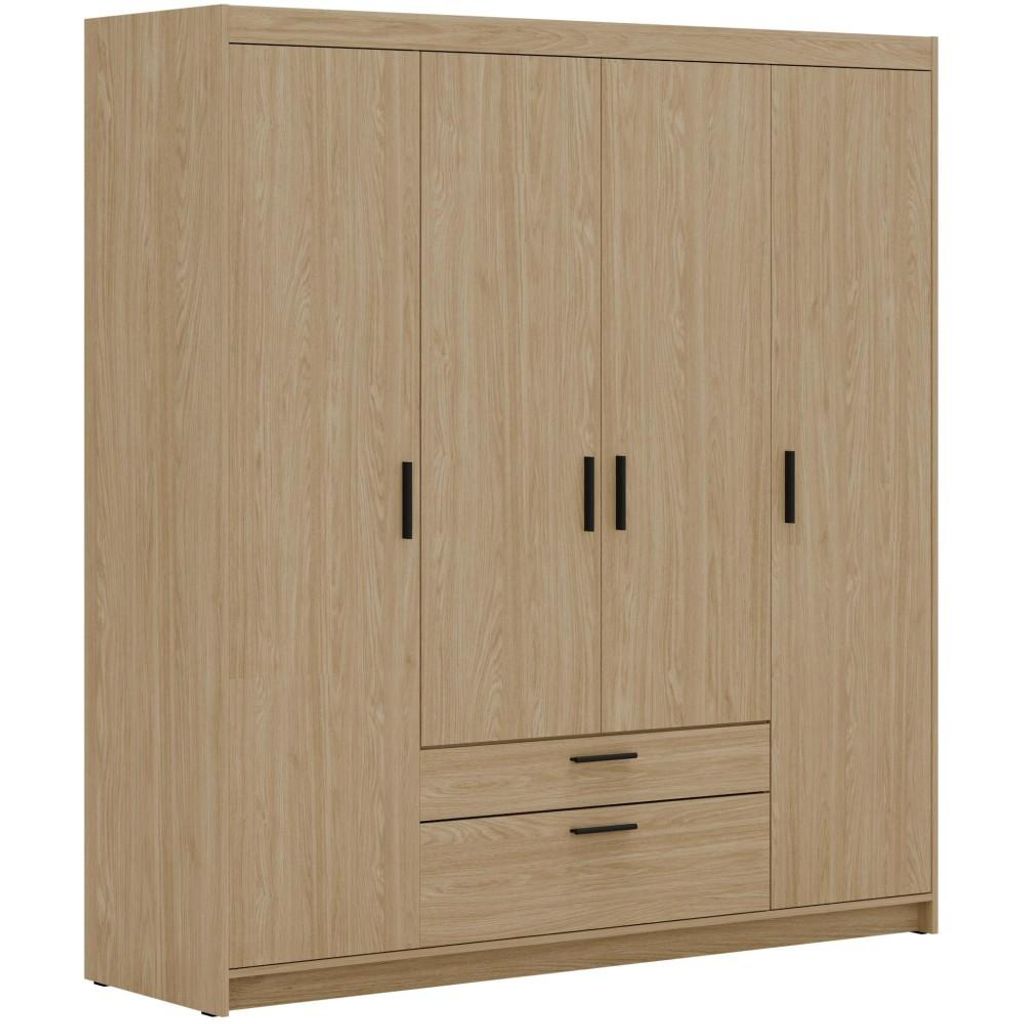 Drehtürenschrank ELENA 4D Eiche geölt mit schwarze Griffe - Kleiderschrank 175 cm mit 2 Schubladen und glatten 4 Türen