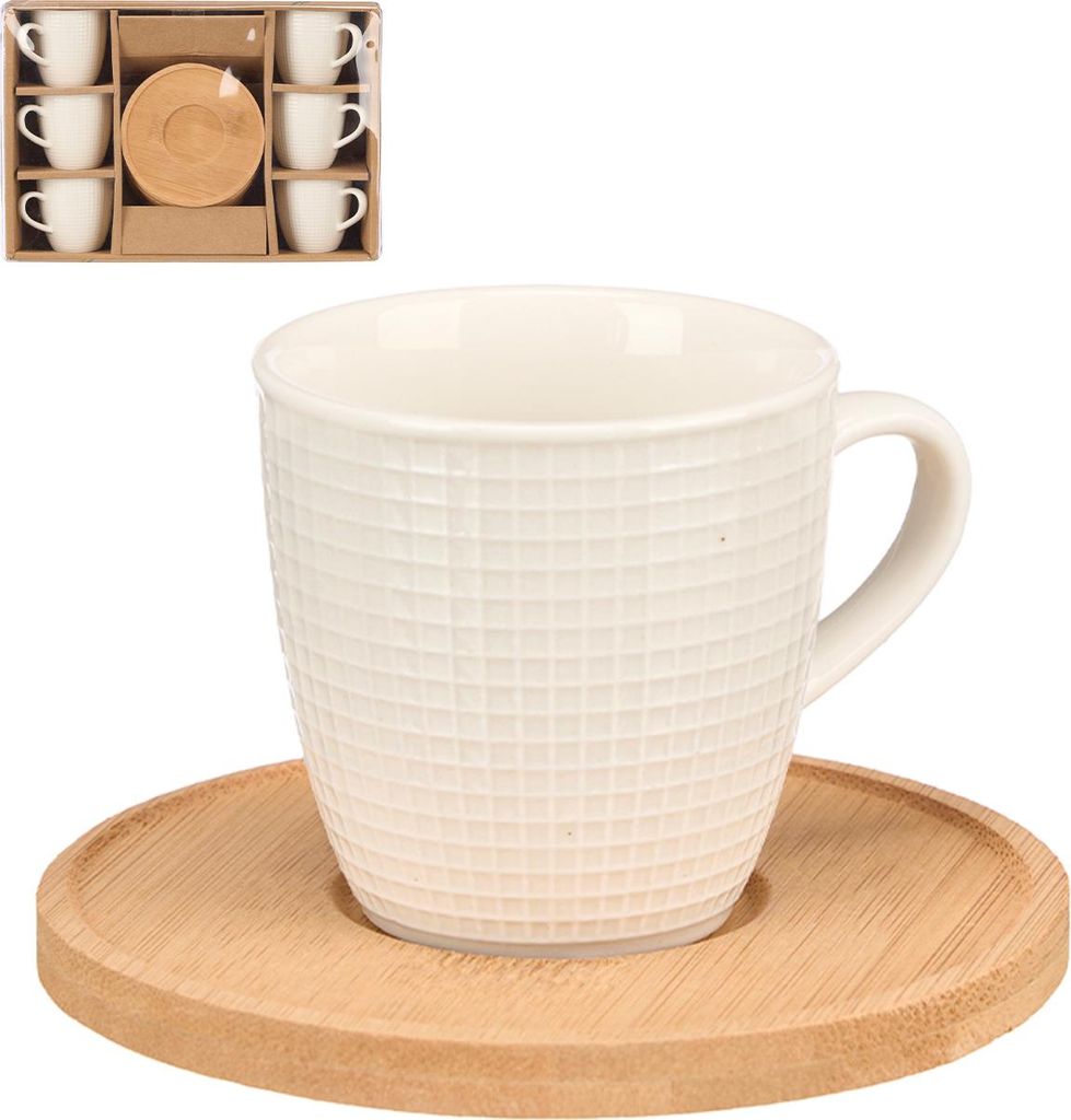VESSIA | Becher - 6 x 90 ml - Set mit 6 Bechern und Bambusuntersetzer - mit Karomuster