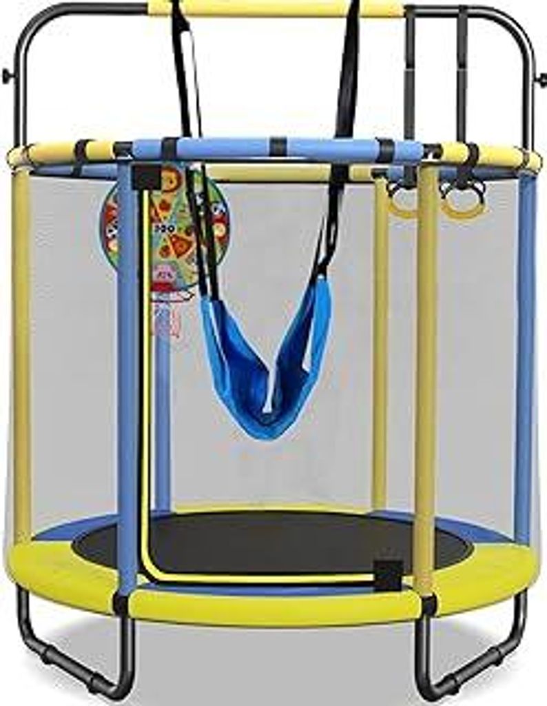 PILIN Kindertrampolin, Indoor-/Outdoor-Trampolin mit Schaukel, inkl. Turnstangen, Reifen, Basketballkorb/Dartscheibe, 145cmx170cm, Tragkraft 50kg
