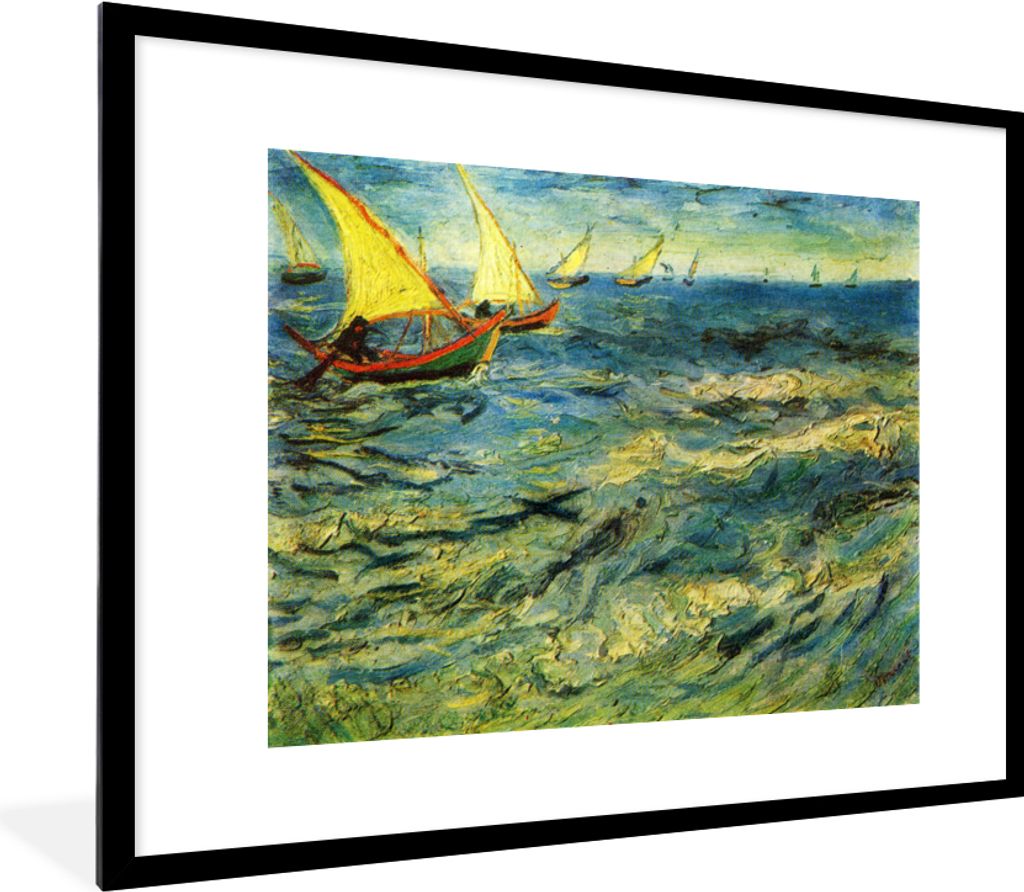 MuchoWow MuchoWow Gerahmtes Poster Fischerboote auf dem Meer - Vincent van Gogh 80x60 cm - Poster mit zchwarzem Bilderrahmen - Schlafzimmer-Dek...