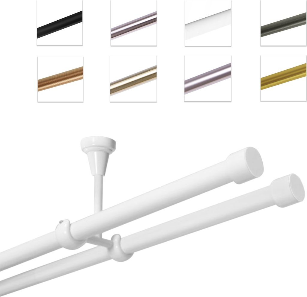 Gardinenstange Vorhangstange 19 mm mit Endkappen, einfache Montage, Decke, 2-läufig, Weiß Glänzend, 540 cm