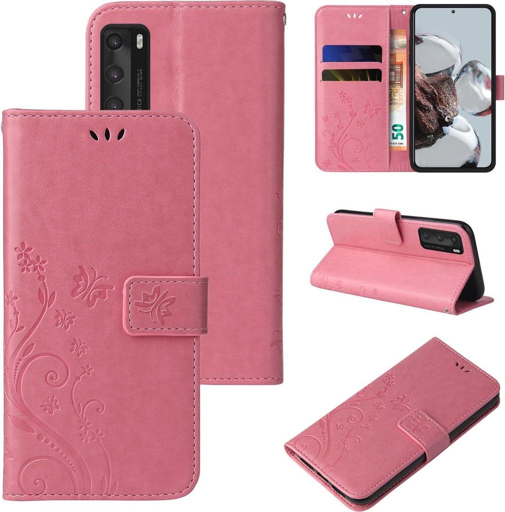 Handyhülle für Huawei P40 Floral Blumen Schmetterling Flip Cover Hülle Case Klapphülle Handytasche Farbe: Rosegold