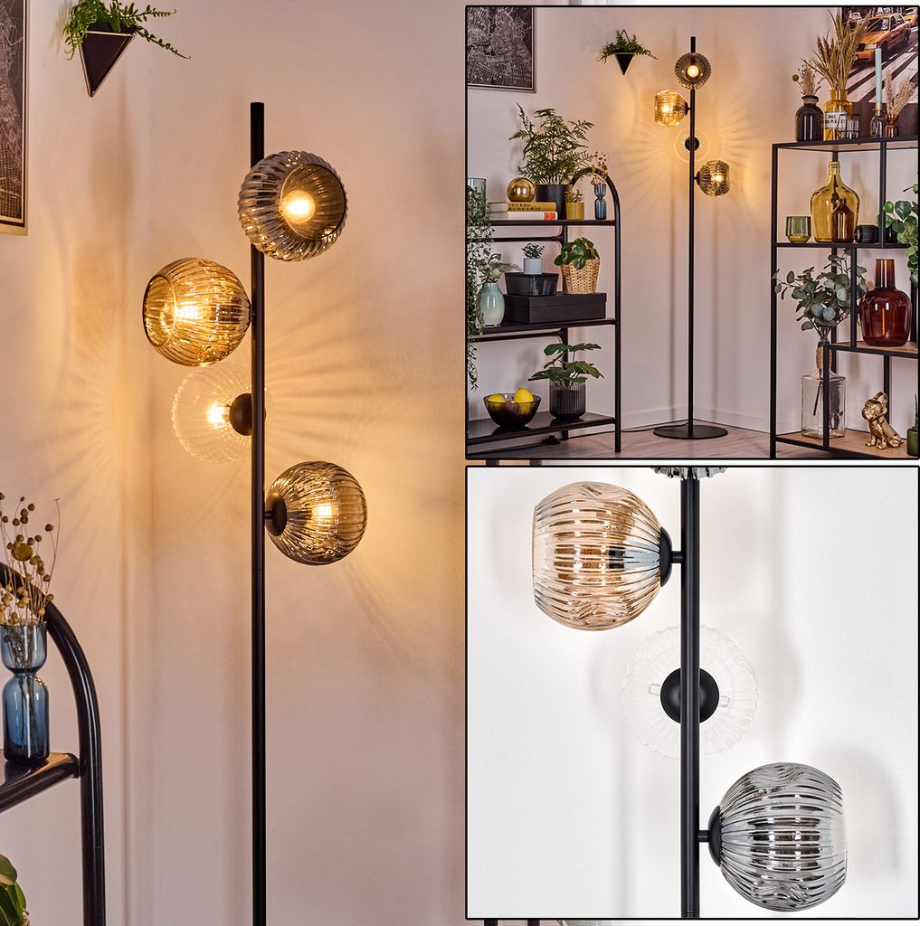 Cesaro Stehlampe aus Metall/Riffelglas in Schwarz/Rauch/Bernstein/Klar, E14