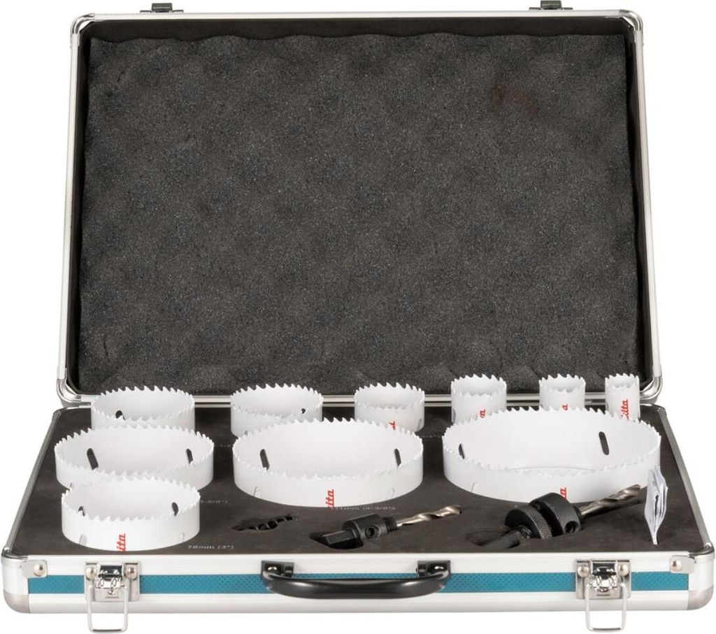 A set of hole saws in a case.
