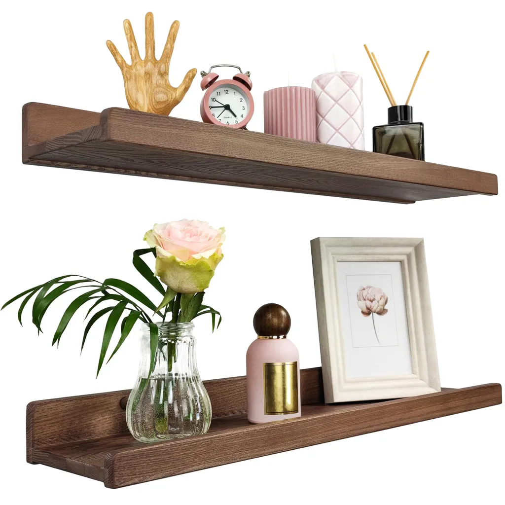 Étagère murale 60 cm en bois noyer, lot de 2 tablettes flottantes chic