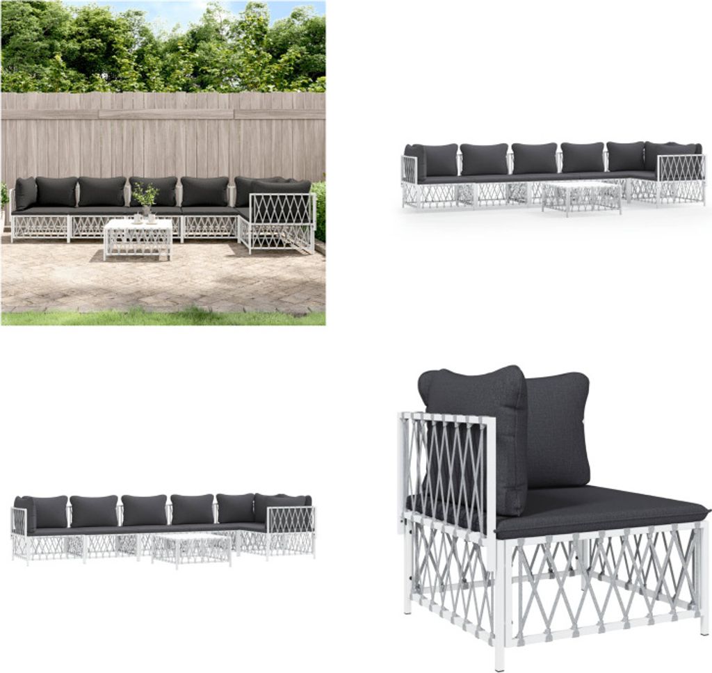 vidaXL 7 tlg. Garten Lounge Set mit Kissen Weiß Stahl - Garten Lounge Set - Garten Lounge Sets - Lounge Set - Gartenmöbel Set
