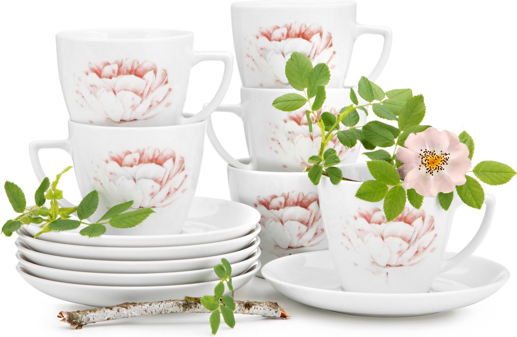 Konsimo Tassenset 6 Pers. mikrowellengeeignet spülmaschinengeeignet (12 Artikel) "BOSS", Weiß, Porzellan, Elegant, 17.5cm | 350 ml