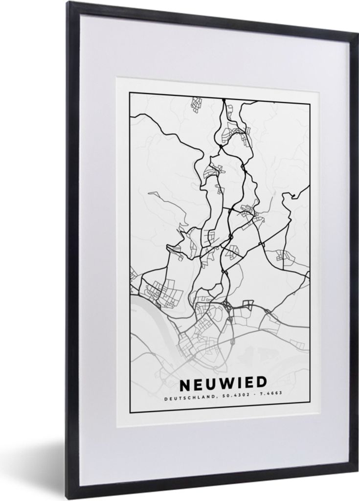 MuchoWow Gerahmtes Poster Stadtplan - Neuwied - Karte 40x60 cm - Poster mit Schwarzem Bilderrahmen Wandposter Rahmen Foto Bilder - Poster in Rahmen