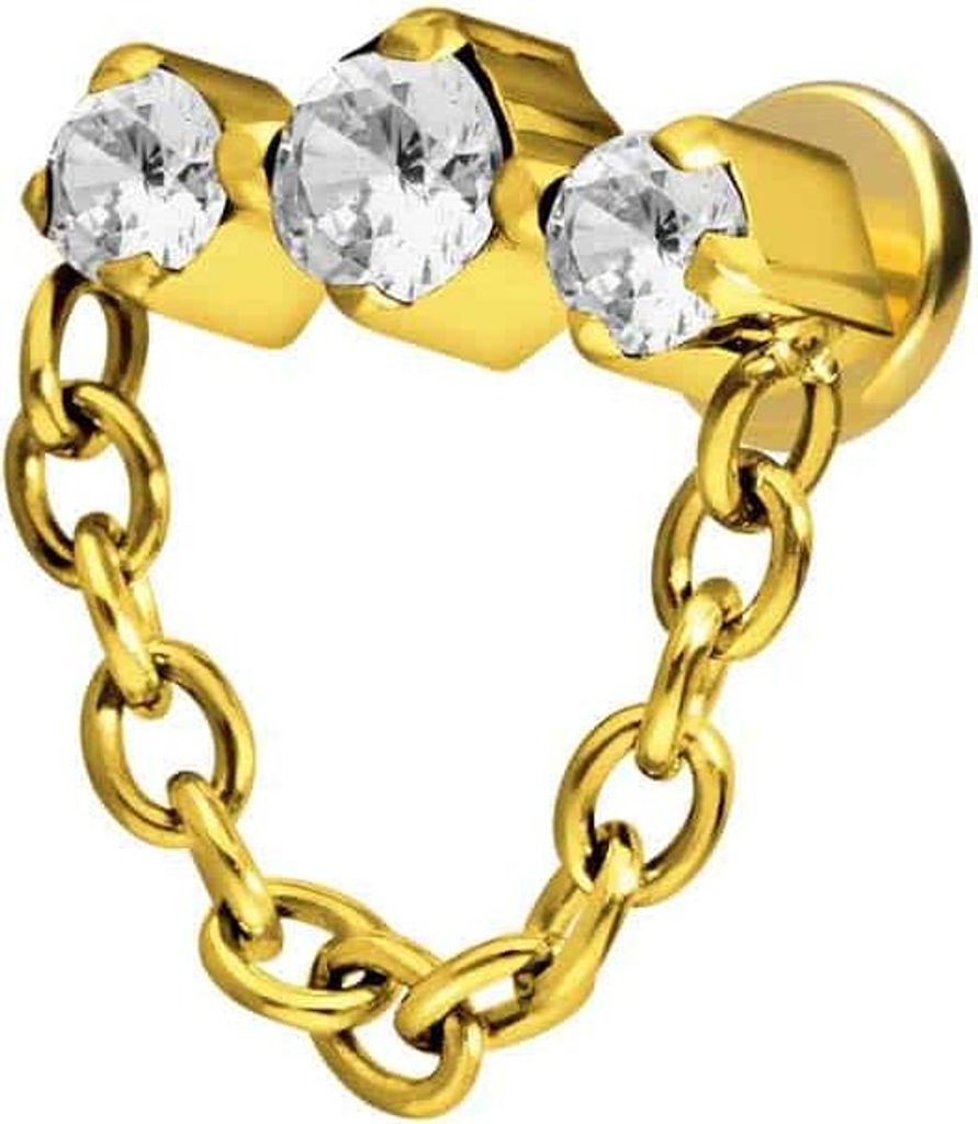 Ohrpiercing, Nasenpiercing Titan Labret mit Innengewinde 3 EINGEFASSTE KRISTALLE + KETTE Gold Stablänge: 8mm | Stabstärke: 1,6mm