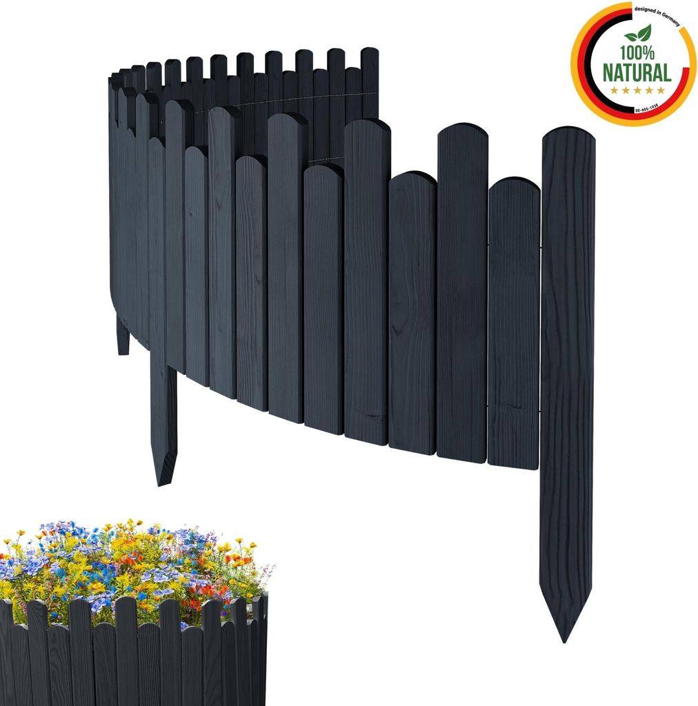 Floranica Rasenkante 200 x 30 cm Antrazit Flexible Beeteinfassung aus Holz als Rollborder Palisade Gartenzaun