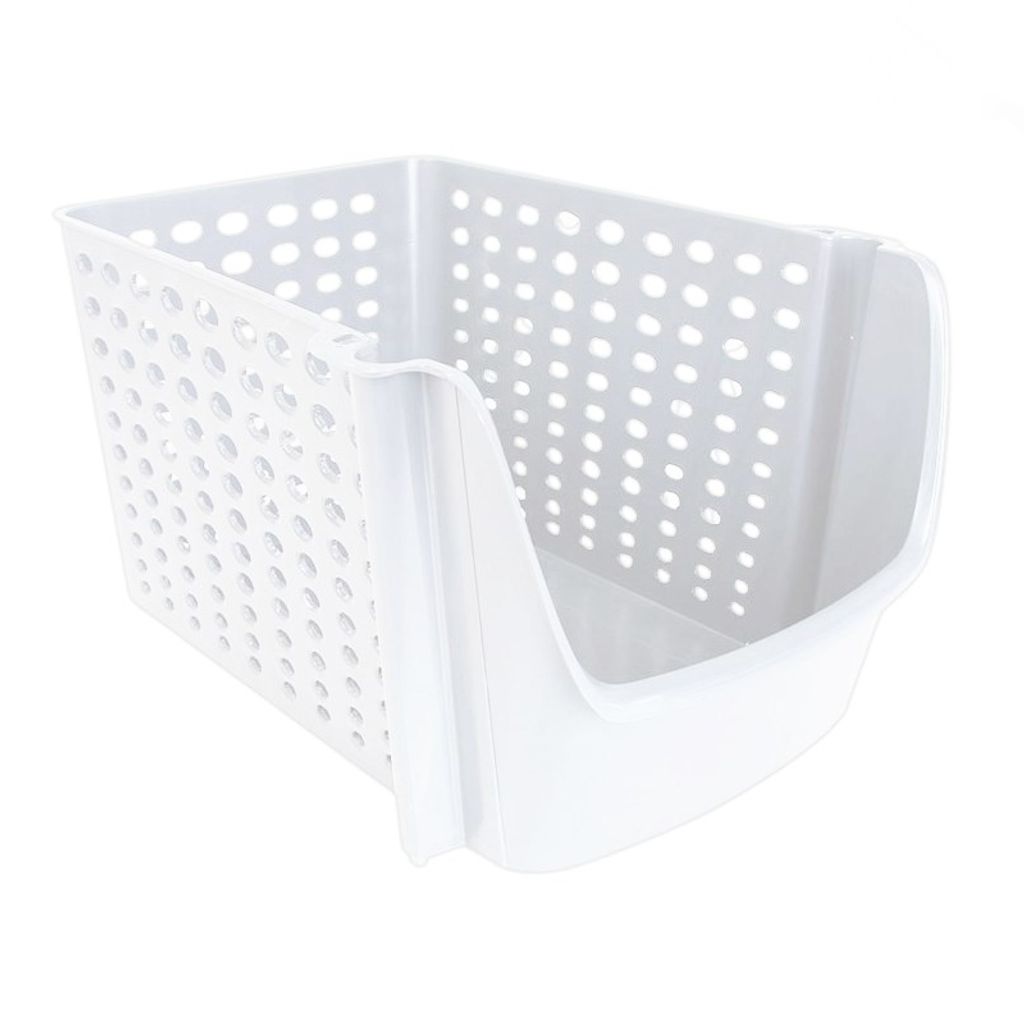 A white plastic storage bin with a perforated design and an open front.