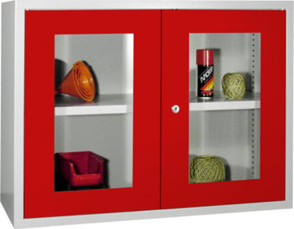 Stahl-Hängeschrank - 2 Sichtfenstertüren - 600x800x300 mm (HxBxT) - reinweiß/reinorange