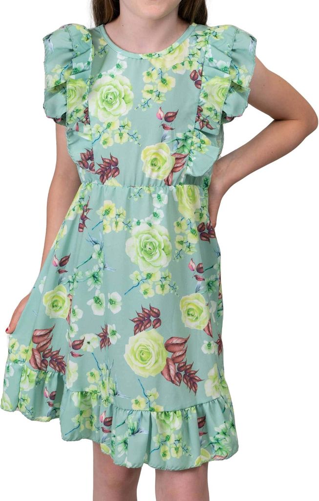 KMISSO Mädchen Volant Kleid schwingender Rock Rosenmotiv Hellgrün 104