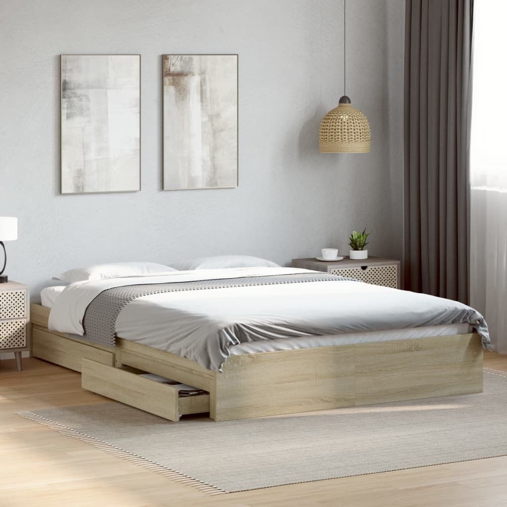 "im Sonderangebot"Bettgestell - CLORIS - Doppelbett - Robust und langlebig - mit Schubladen Sonoma-Eiche 160x200cm - Einfache Montage - Holzwerksto...