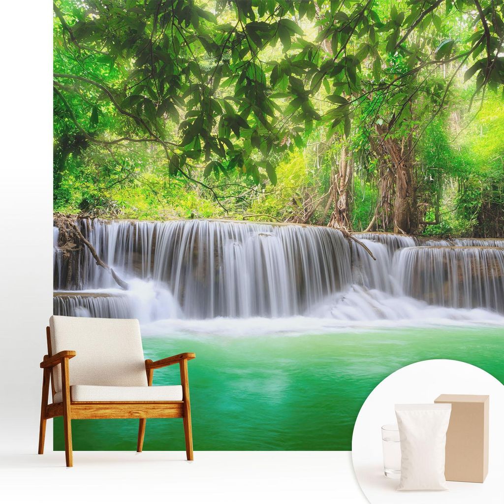 Fototapete - 250x250 cm - Tapete - Wandtapete - Wandbilder - Dekofolie - Tapete Folie - Wand - Dekoration - Wohnzimmer - Waldwasserfall