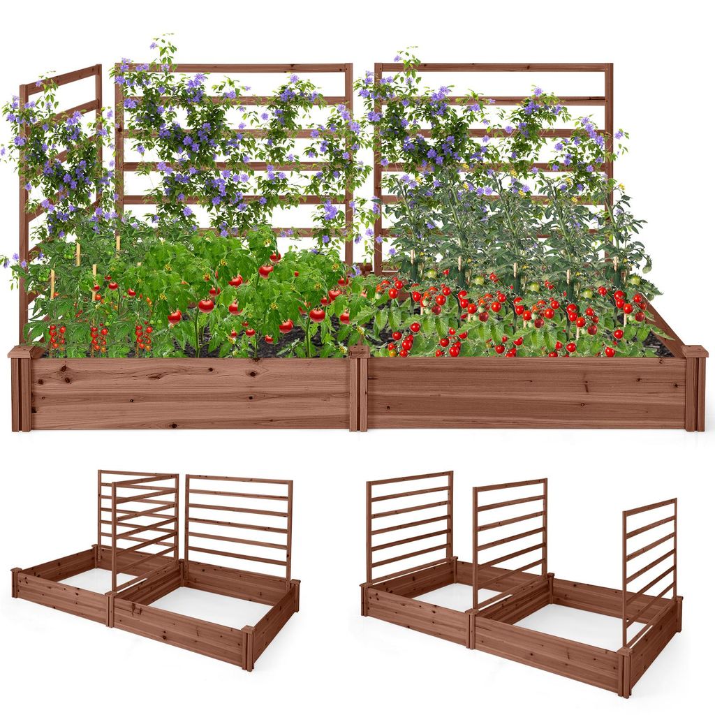COSTWAY Hochbeet mit 2 Pflanzkästen und 3 Rankhilfen, Outdoor-Holzpflanzkasten-Set, Braun, 222x114x110cm