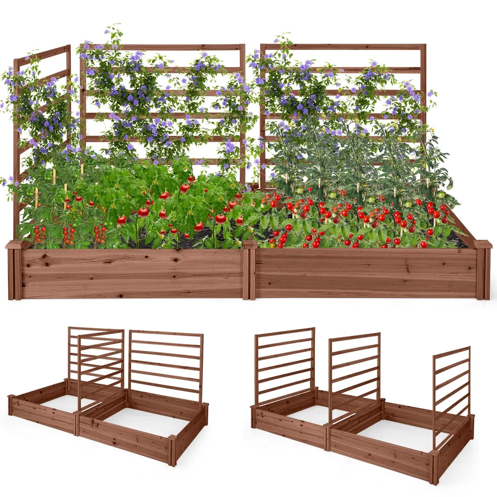 Bac à plantes bois marron 222 cm avec 3 tuteurs intégrés pour jardin