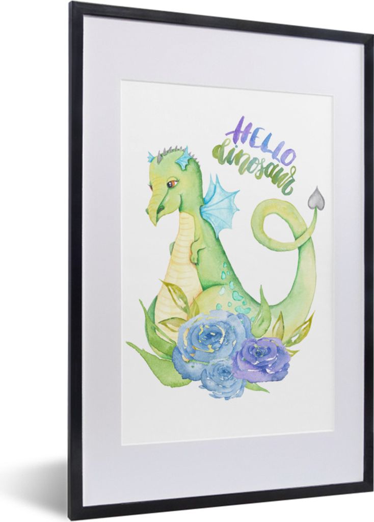 MuchoWow Gerahmtes Poster Dinosaurier - Blumen - Kinderzimmer - Jungen - Mädchen - Kinder 40x60 cm - Poster mit Schwarzem Bilderrahmen Wandposte...