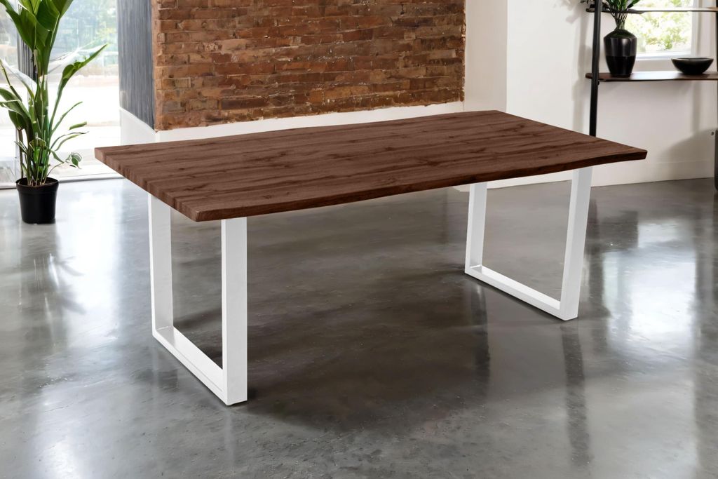 Esstisch Josy | 200 x 100 cm | Holz Nussbaum-Optik | U-Gestell Metall weiß | 40 mm Tischplatte mit Baumkante | Tisch für Esszimmer & Küche