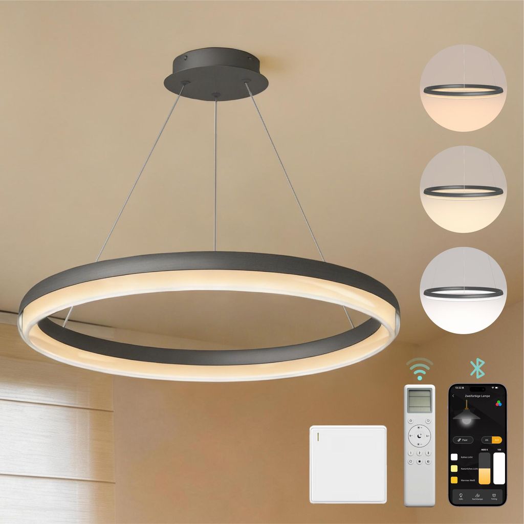 Mai & Mai Pendelleuchte Esstisch, 45cm LED Hängelampe, stufenlos dimmbar höhenverstellbare 20W Esstischlampe mit Fernbedienung Grau Luvina05
