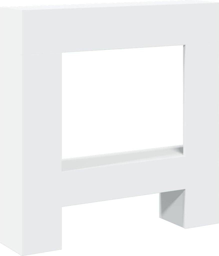 A white, three-dimensional object with a rectangular opening in the center, resembling a fireplace surround or a decorative frame.