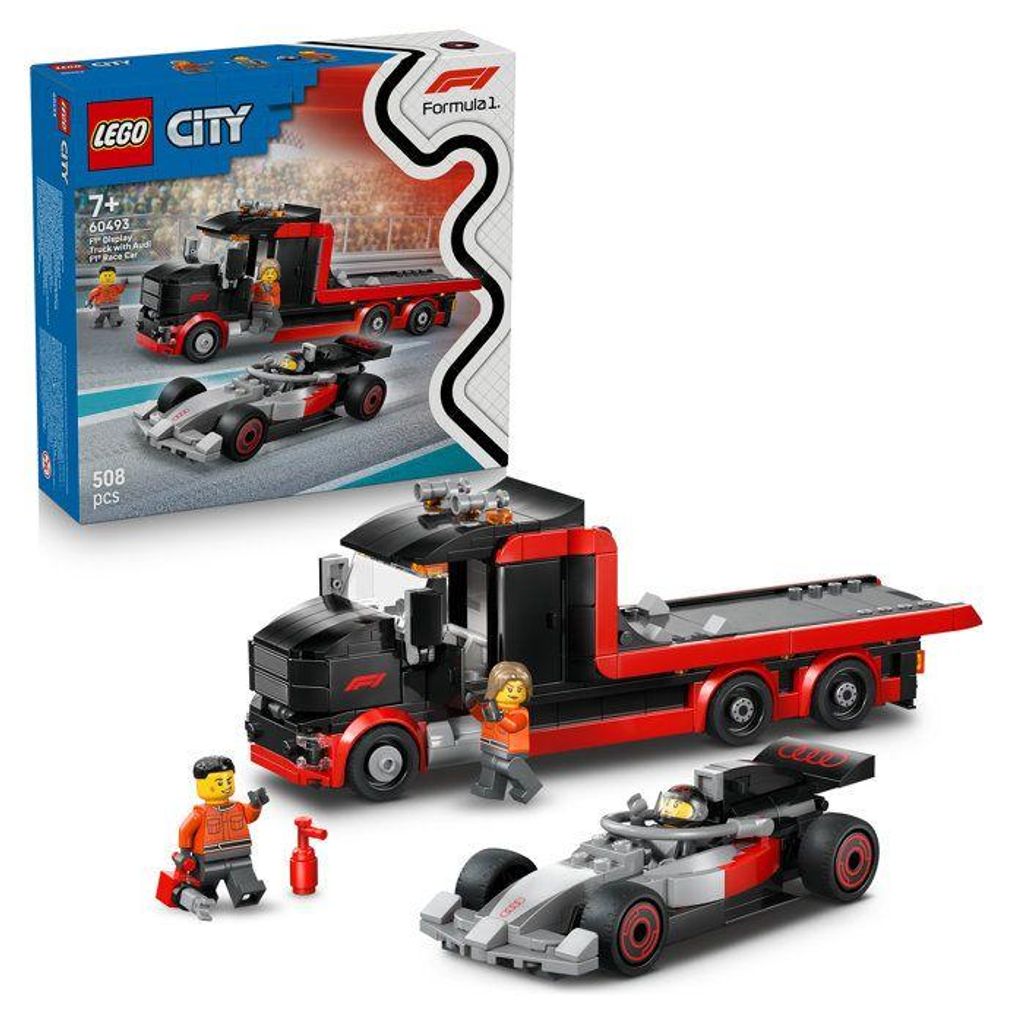 LEGO City 60493 F1 Rennwagen-LKW mit Audi F1 Rennwagen, Spielzeug ab 7 Jahren, mit 3 Minifiguren (Fahrer, 2 Mechaniker)