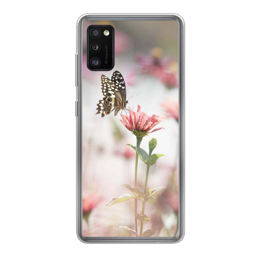 MuchoWow Handyhülle Schutzhülle Hülle für Samsung Galaxy A41 Schmetterling - Blume - Rosa Silikon Softcase Handy Hülle - Mobiltelefon