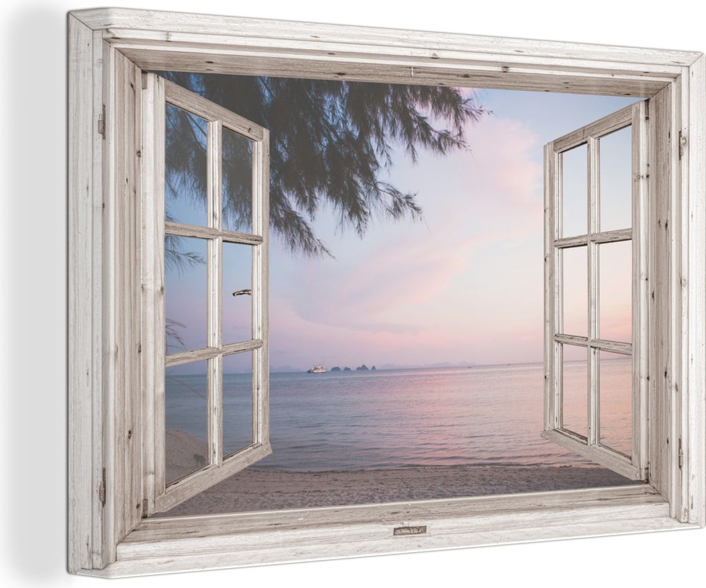 OneMillionCanvasses - Leinwandbilder - 140x90 cm, Aussicht - Strand - Palme, - Geöffnetes Fenster - Fensterblick Schlafzimmer Kunstdruck Wanddek...