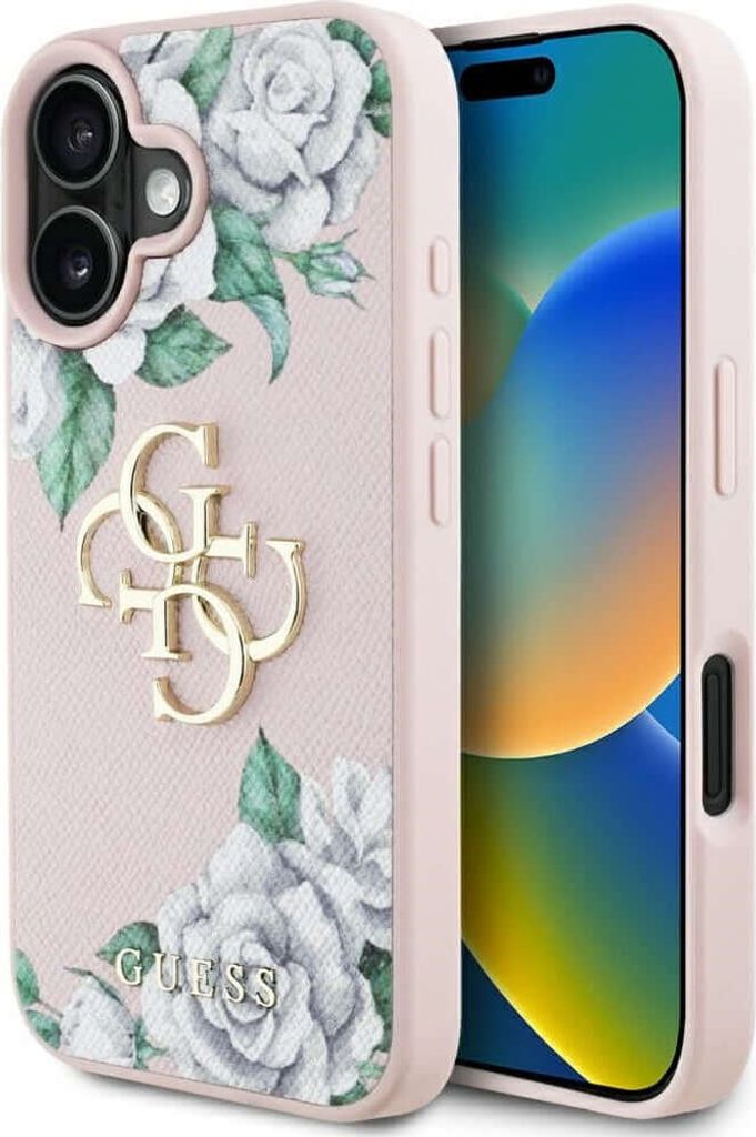 Guess Etui Grained Roses 4G Logo für iPhone 16 Rosa