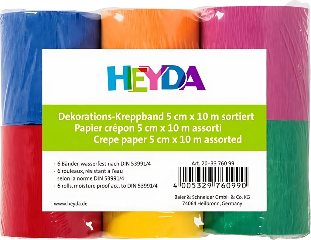 Heyda 203376099 Rubans de crêpe 10m x 5cm en 6 coloris vifs pour fête