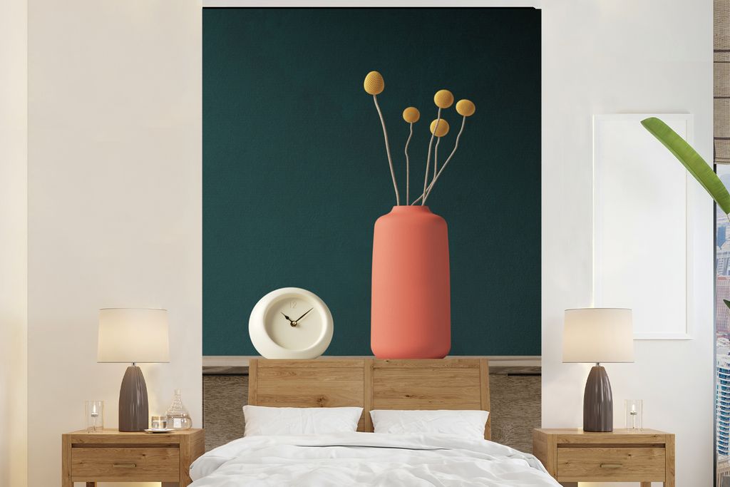 MuchoWow Fototapete für Wohnzimmer oder Schlafzimmer Wandtapete Vinyl Motivtapete Wecker - Blumen - Stilleben - 160x240 cm - Vinyltapete
