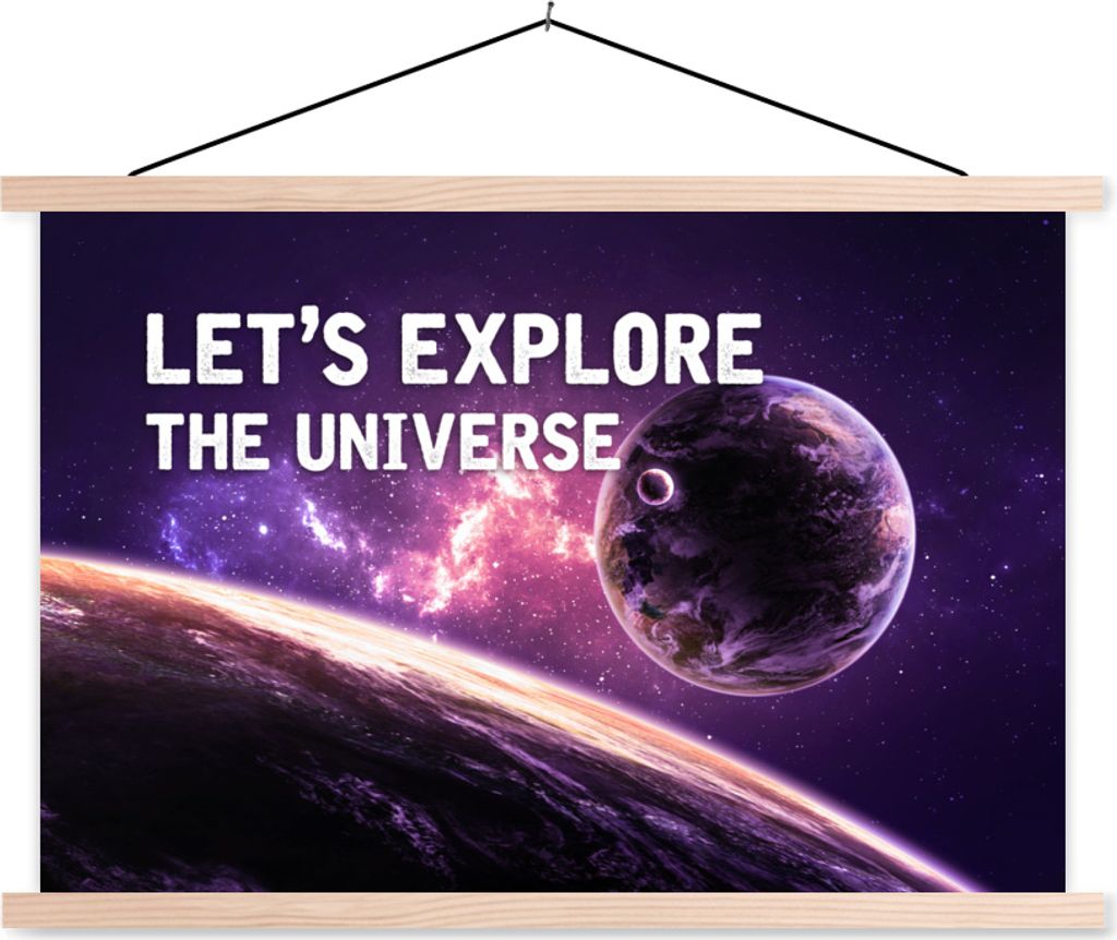 MuchoWow Textilposter Zitate - 'Lass uns das Universum erforschen' - Sprichwörter - Jungen - Kinder - Kinder 120x80 cm mit holzfarbenen Rahmen -...
