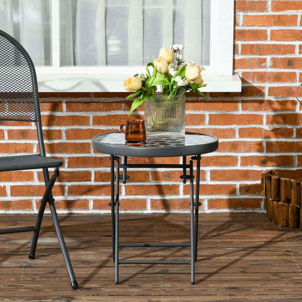 Gartentisch klappbar rund Hartglas, Klapptisch Balkontisch wetterfest, Beistelltisch Metall, Schwarz | Ø45 x H50 cm | 3 kg | vormontiert