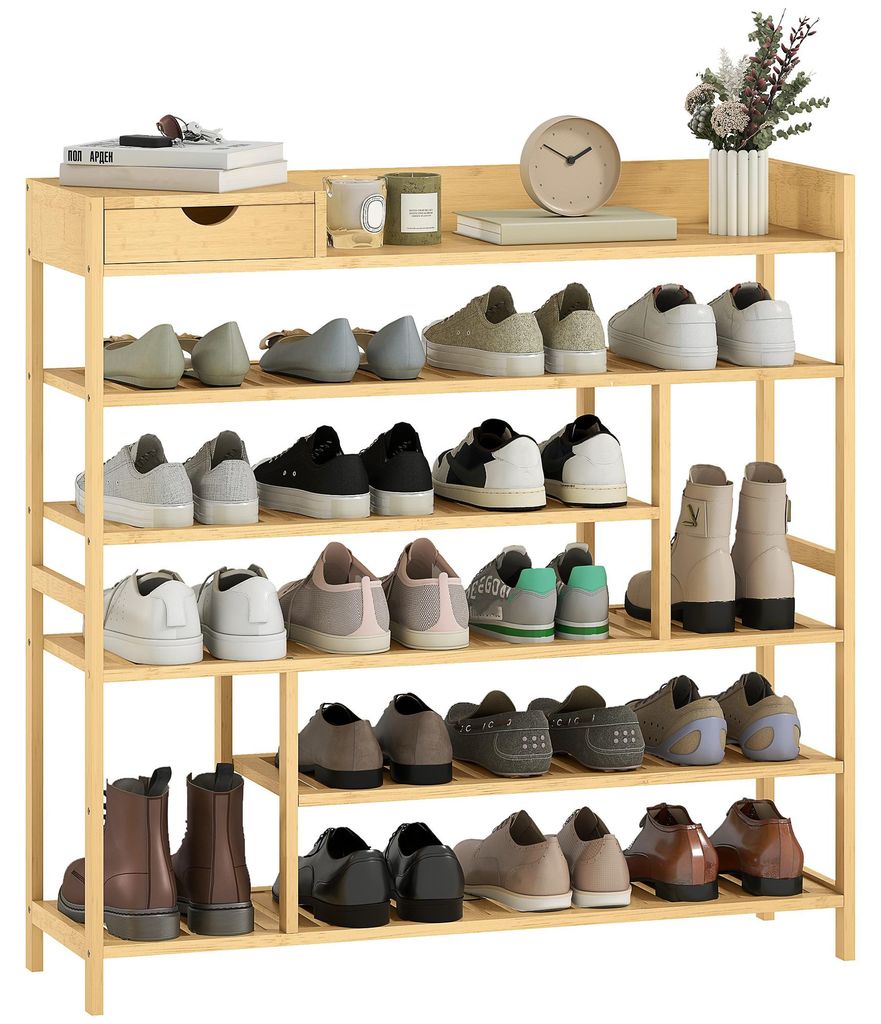 HOMCOM Schuhregal, Schuhständer mit 6 Ebenen, Schublade für max. 18 Paar, Bambus