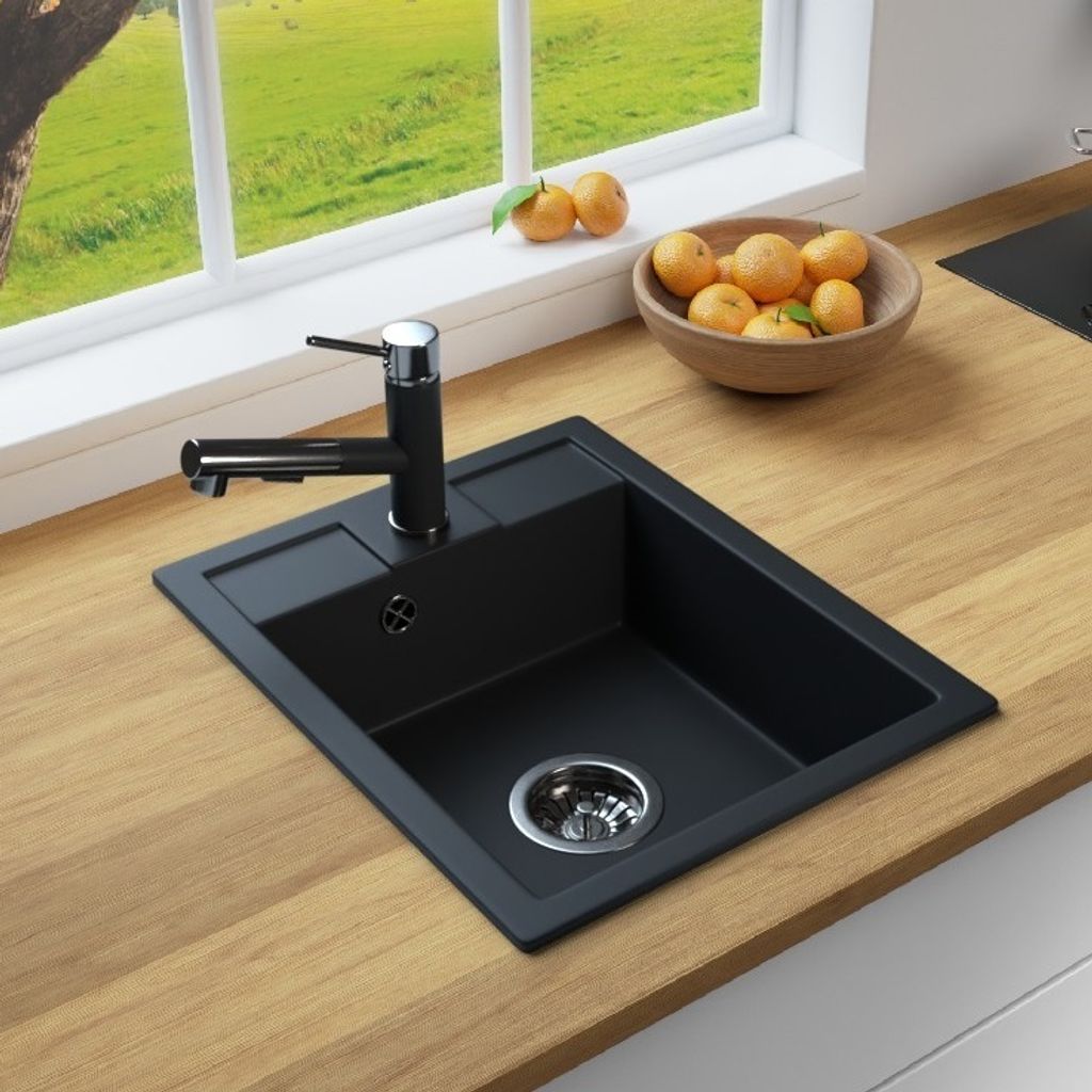 MIT ARMATUR - Rein Schwarz LINDBERGH Antibakterielle Granit Spüle "MON44" + "1-Nero" Einbauspüle Küchenspüle Spülbecken