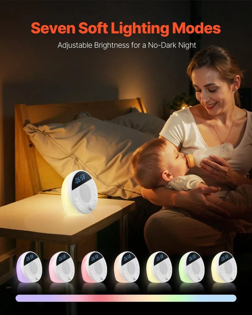Sound Machine, 18 suoni rilassanti per dormire, luce notturna a 7 colori, macchina del rumore bianco 6 in 1 con doppio allarme, APP, timer di spegnimento automatico e funzione di memoria, per neonati, adulti, casa, ufficio e viaggi - 3