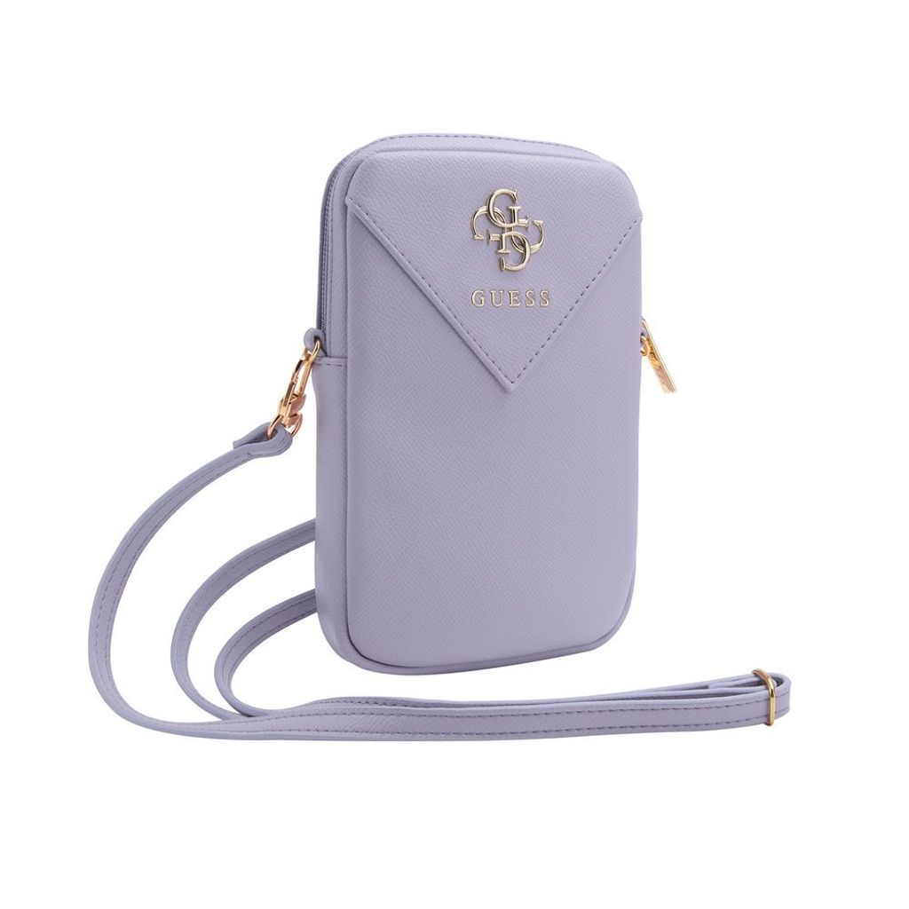 A purple wallet phone bag with a gold logo and strap, isolated on a white background.