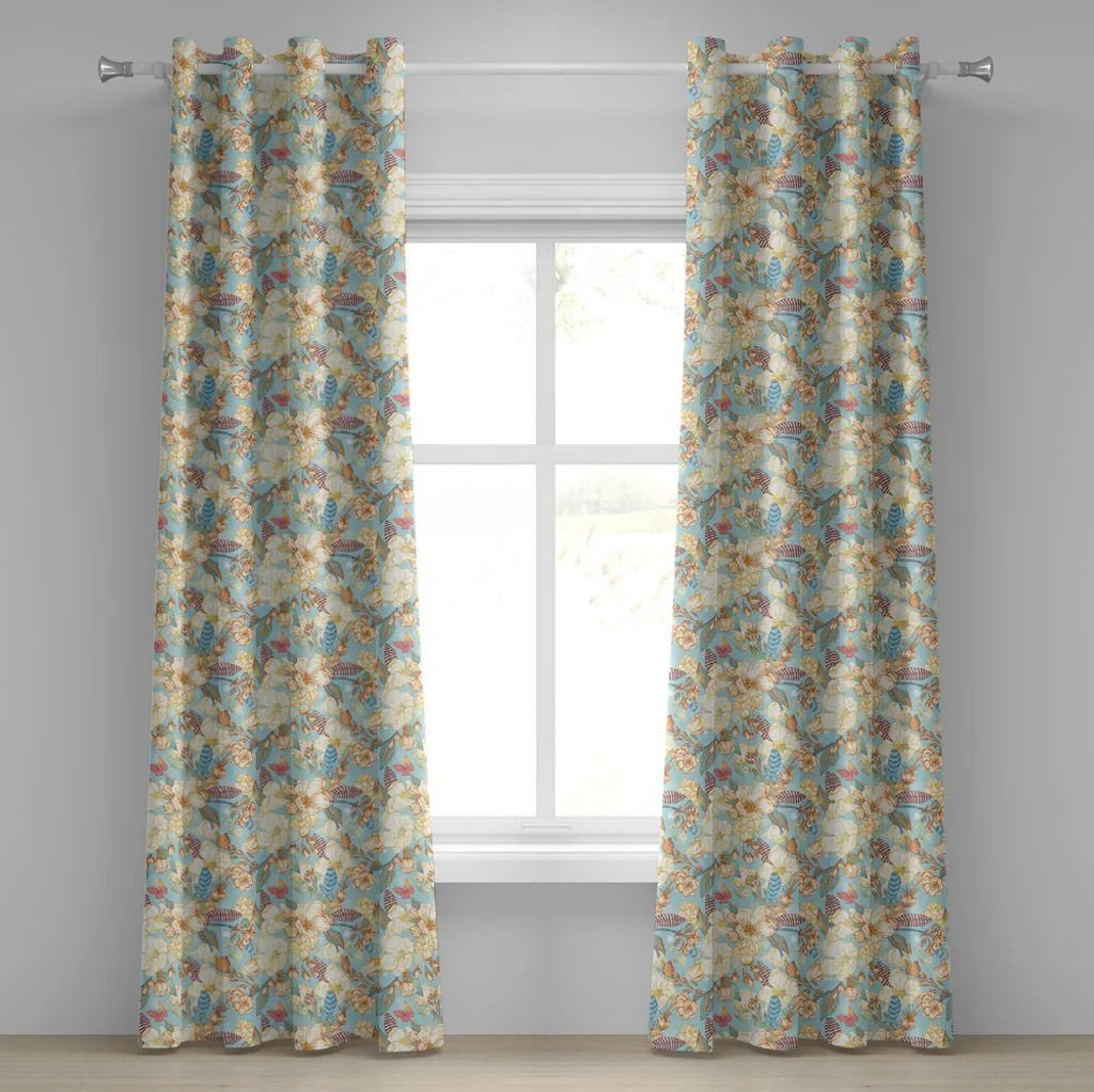 ABAKUHAUS Tenda con occhielli Shabby Flora, immagine senza cuciture con foglie in fiore, stagione primaverile, vigneto, giardino, tende decorative a 2 pannelli, 280 cm x 225 cm, azzurro, bianco, lilla