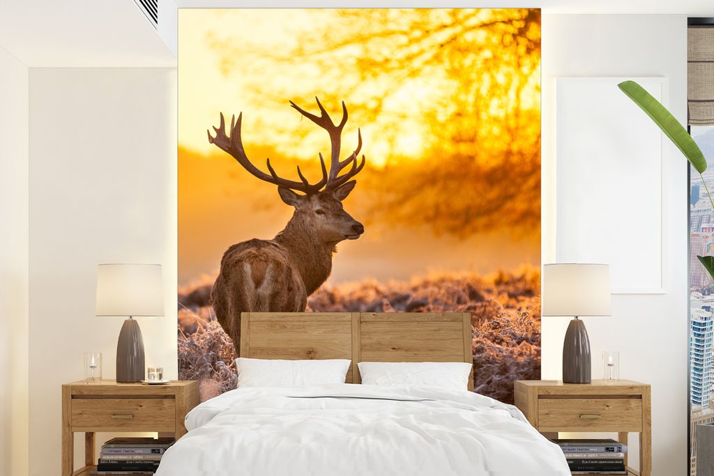 MuchoWow Fototapete für Wohnzimmer oder Schlafzimmer Wandtapete Vinyl Motivtapete Hirsche - Tiere - Sonnenuntergang - Winter - Heidekraut - Natu...
