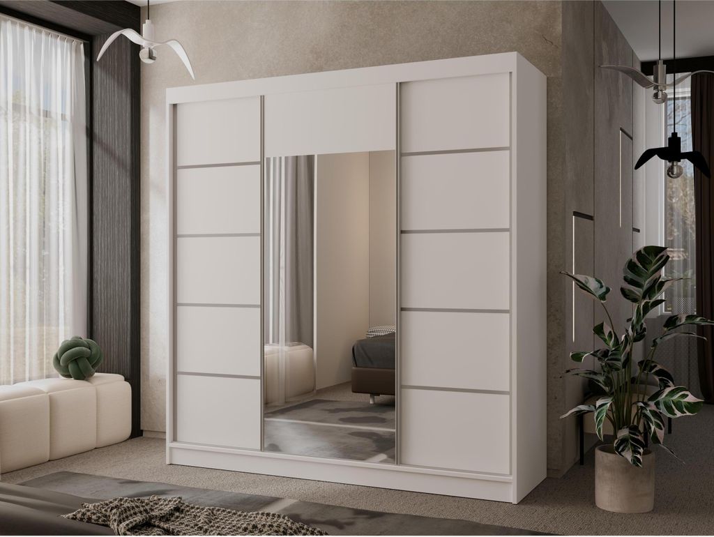 3-türig Garderobenschrank mit Spiegel Almeria modernes Schrank mit 4 Schubladen 200 cm Kleiderschrank mit Schiebetüren, Farbe: Weiß, Sprossenfar...
