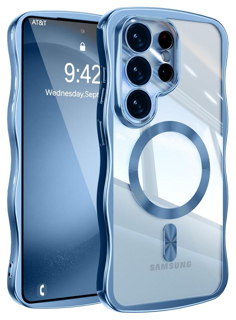 Magnetisch Hülle für Samsung Galaxy S25 Ultra, Wellen Überzug Bumper Transparent Stoßfeste Handyhülle mit Kameraschutz Blau