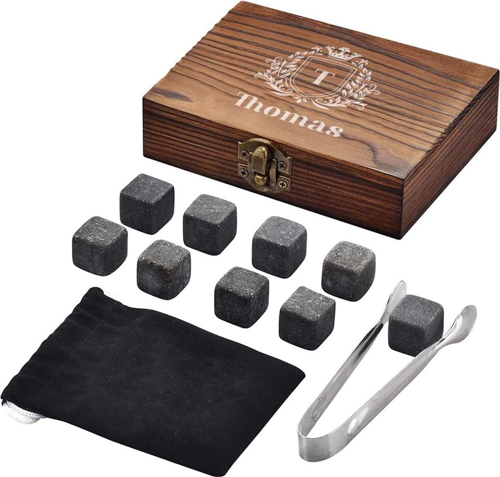 5-teilige personalisierte Set Whiskystenen mit Gläsern und Zubehör - ideal für Whiskey, Rum und Bourbon