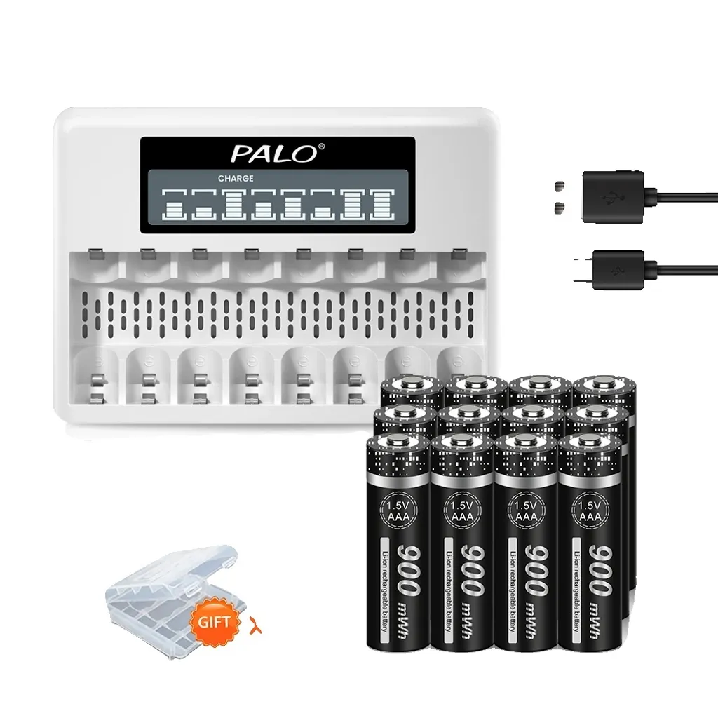 PALO Set di batterie ricaricabili AAA da 1,5 V, caricatore con display LCD, alta capacità 900 mWh, 12AA 1 caricatore