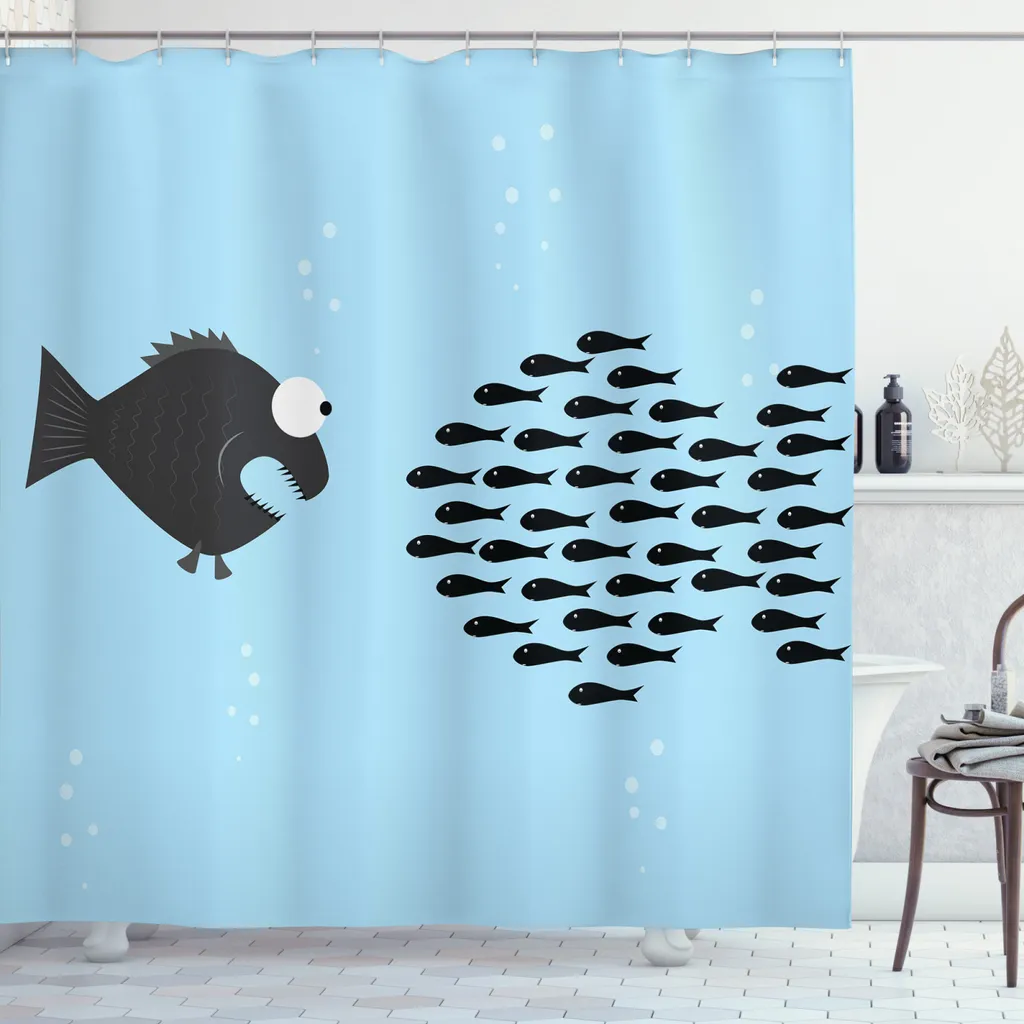 ABAKUHAUS Tenda da doccia con motivo a pesci, divertente motivo cartoon motivazionale, lavabile e facile da pulire con 12 ganci, stampa di alta qualità, colori resistenti, lunga durata, 175 x 180 cm, blu e nero - 1