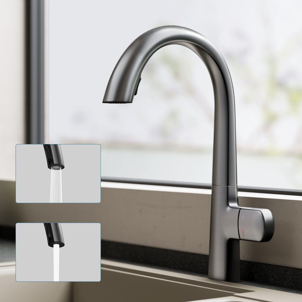 doporro Wasserhahn Küche Hochdruck, Ausziehbare Vollmessing-Körper Spültischarmatur, 360° Schwenkbar, Keramikkartusche Küchenarmatur Grau MS-8095