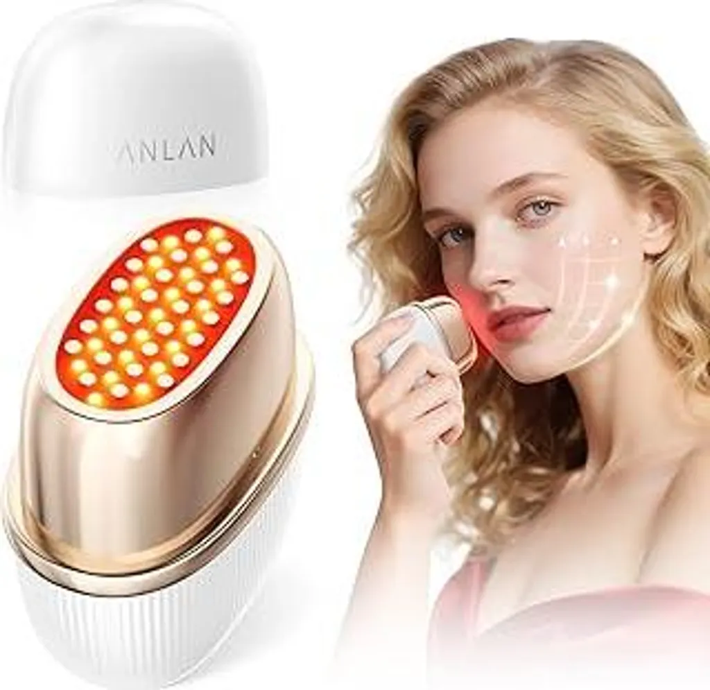 ANLAN Massaggiatore facciale – Dispositivo a radiofrequenza per il viso con 3 livelli di vibrazione e luce colorata in rosso, blu e arancione, massaggiatore facciale EMS a 90 kHz per la cura della pelle, massaggiatore elettrico IPX6