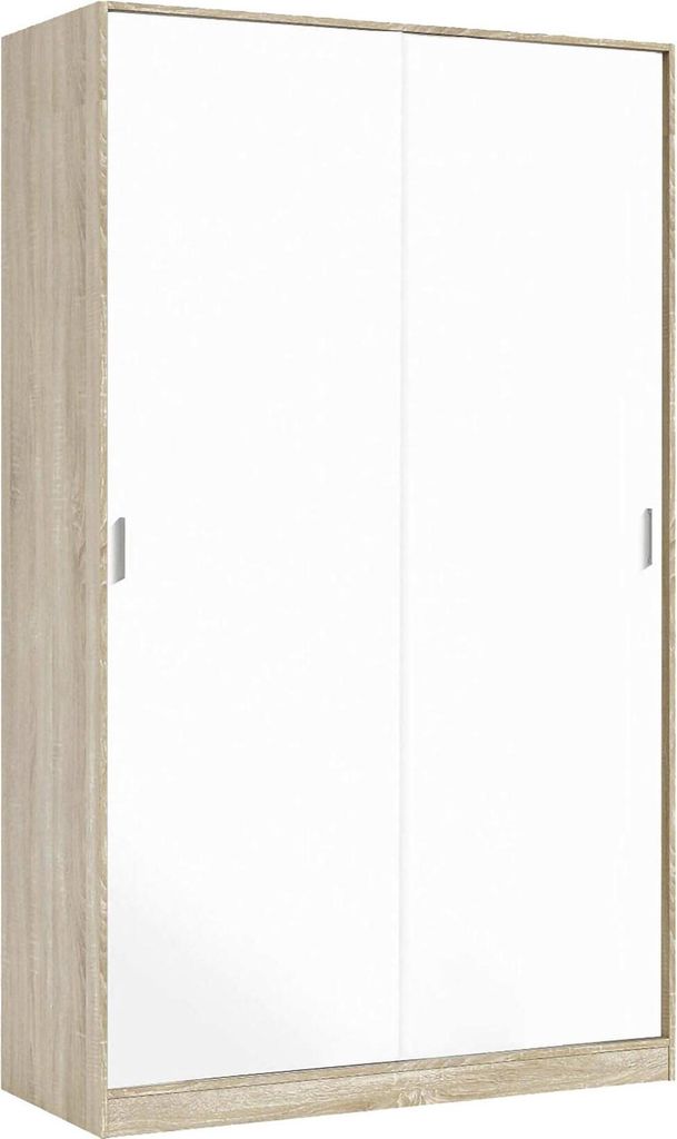 Garderobe Waterbury, Schlafzimmer Kleiderschrank mit 2 Schiebetüren, Schrank mit 3 Einlegeböden und Kleiderstange, 120x50h200 cm, Eiche und Weiß